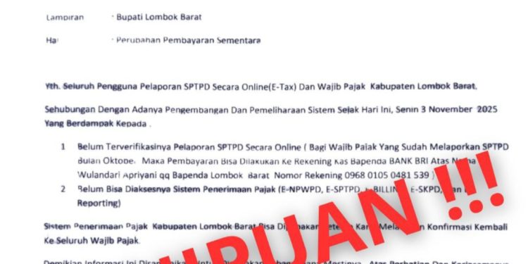 Waspada! Surat Palsu Bapenda Catut Wajib Pajak di Lombok Barat